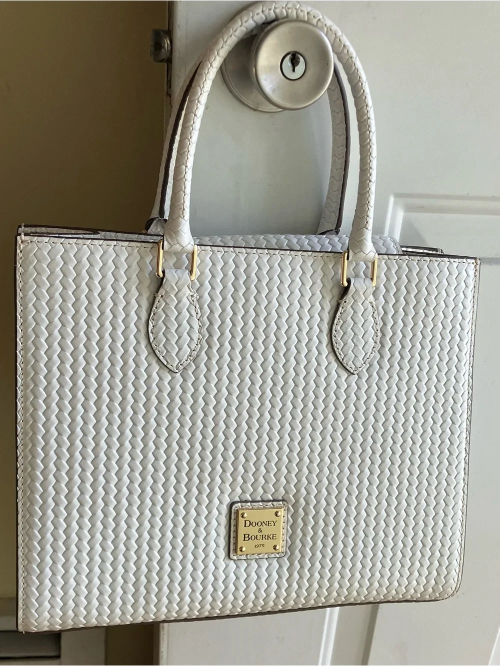 Dooney & Bourke White Woven Leather Tote with Gold Accents - Picture 1 of 7